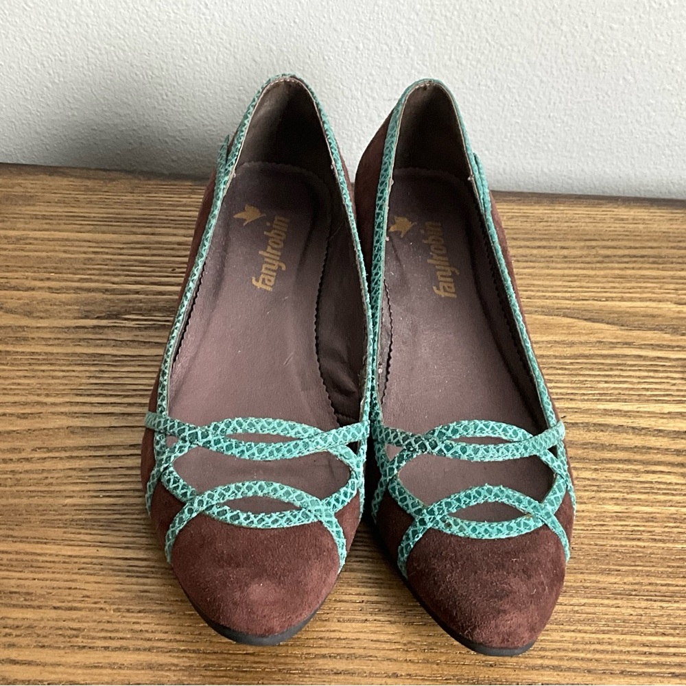 Faryl Robbin Brown Suede and Turquoise Leather Wedges - Picture 7 of 8